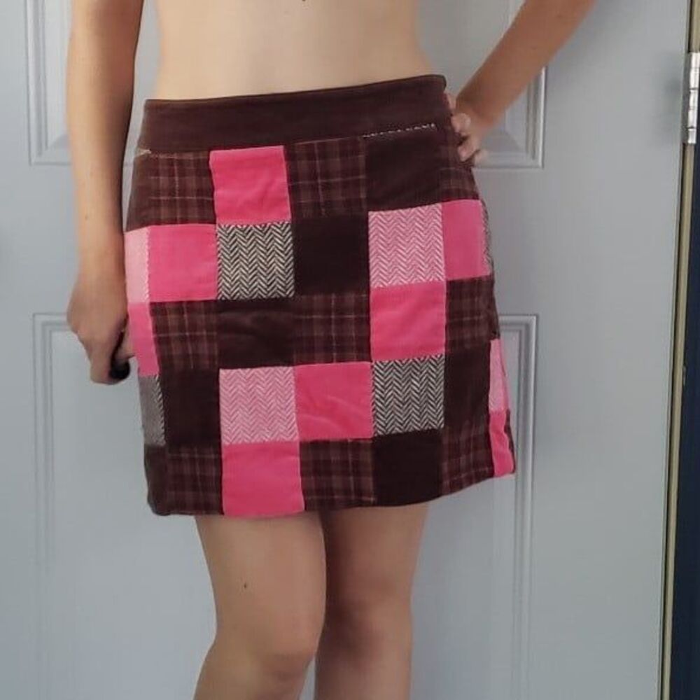 Brown‎ and Pink Plaid Corduroy Patchwork Mini Skirt